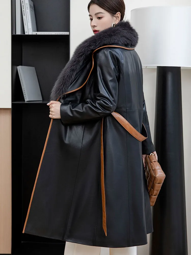 Winter Women Knee Length Real Sheepskin Down Coat Fox Fur Collar Detachable Overcoat Single Button Sashes Slim Fit Windbreaker