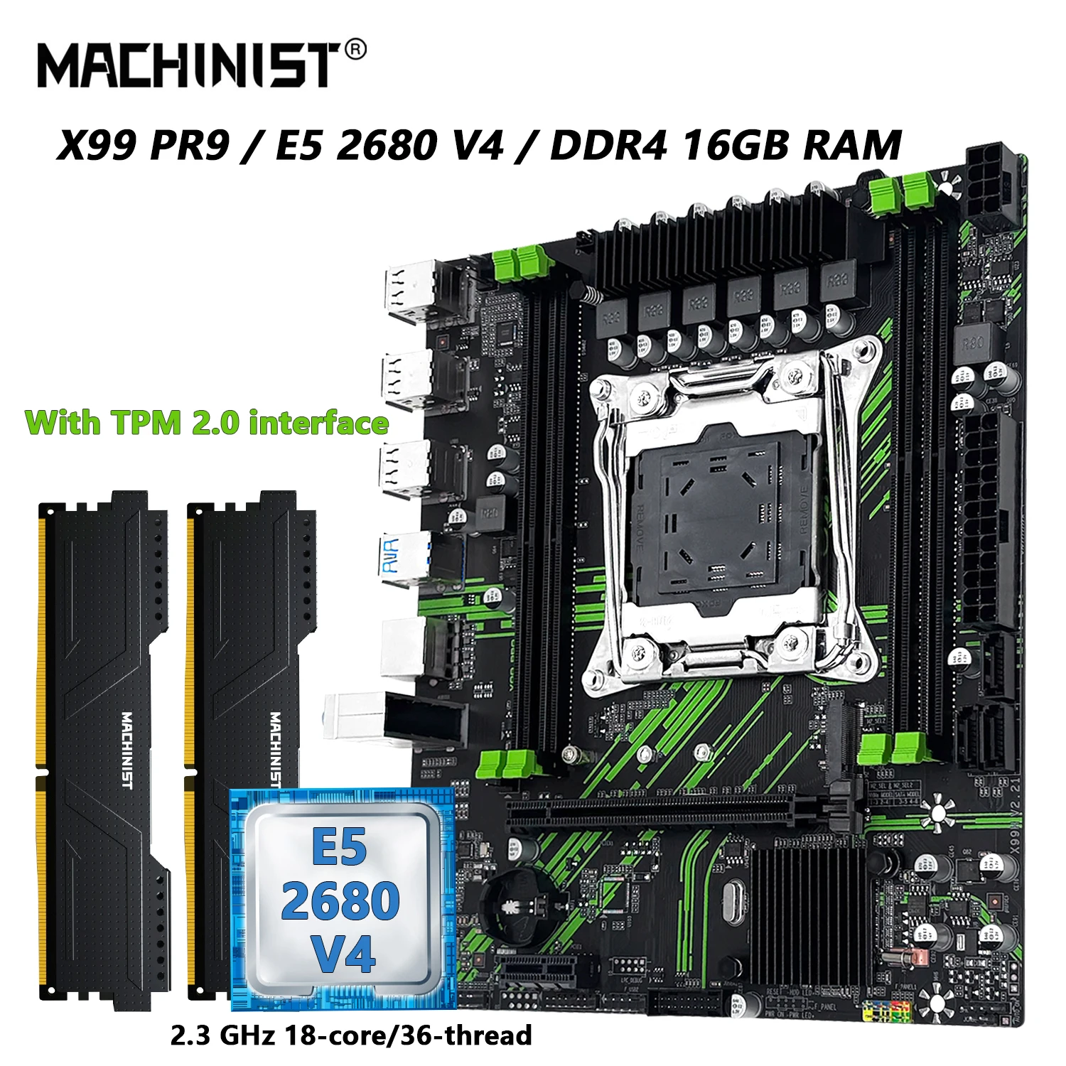 MACHINIST X99 PR9 Motherboard TPM2.0，Optional Kit Set LGA 2011-3 Xeon E5 2680 V4 CPU And DDR4 16GB RAM USB3.0 NVME/SATA M.2