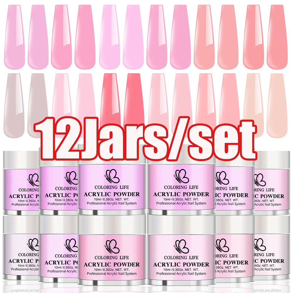 

6/12Colors/set Sweet Pink Nail Acrylic Powder 3IN1 Extension/Dipping/Carving Pink Crystal Powder DIY Nail Salon Builder Powder