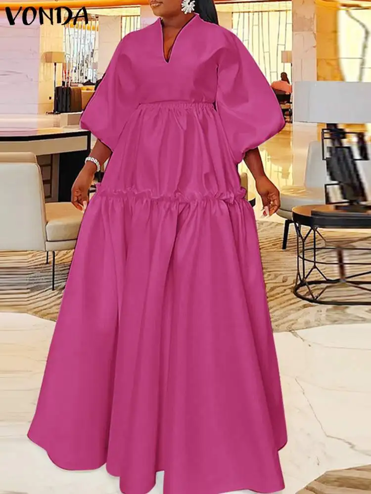 Plus Size 5XL VONDA Women Long Maxi Dress 2023, Summer Elegant Solid Lantern Sleeve Shirt Sundress Casual Loose Ruffled Vestidos