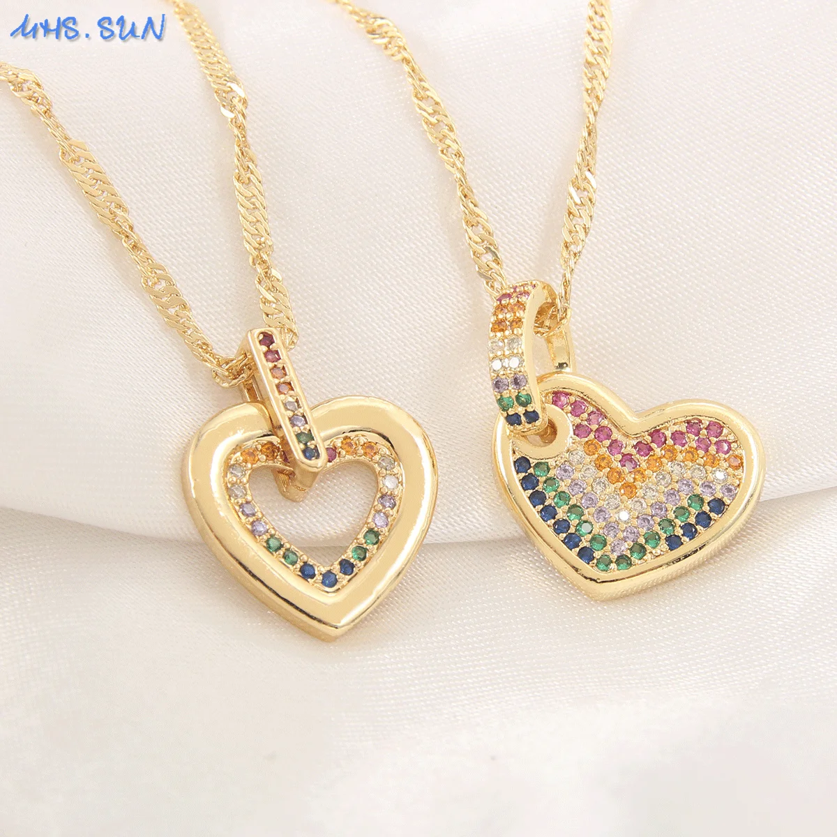 MHS.SUN Rainbow Colorful AAA Cubic Zircon Heart Pendant Necklace Gold Plated Women Choker Clavicle Chain Valentine's Day Jewelry