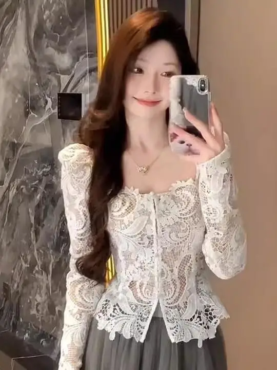 

Pure Desire Sle Женский кружевной топ Long Sve Slim Fit с завязкой на талии и квадратным воротником, базовый слой, корейская версия, ort Length