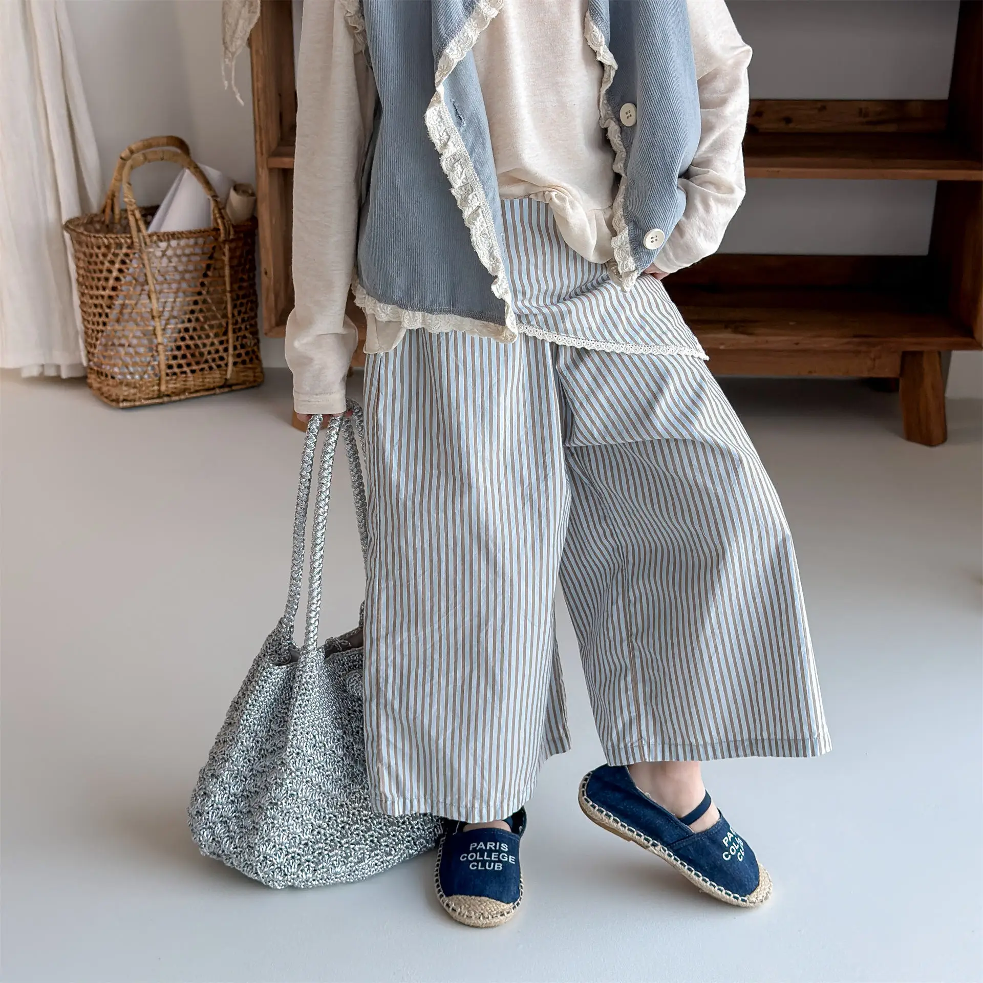 

2026 Spring New Children Loose Trousers Cotton Girls Striped Wide Leg Pants Fashion Toddler Plaid Casual Pants Kids Clothes