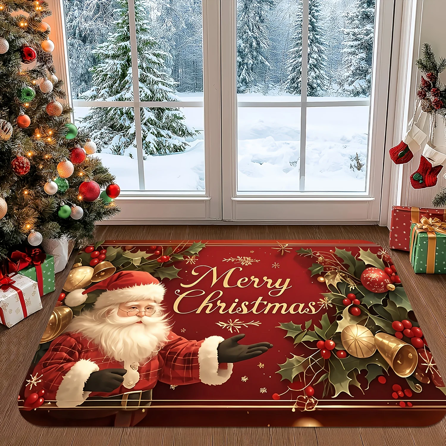 VIKAMA Christmas Doormat Non‑Slip Washable Front Door Rug Indoor Outdoor Xmas Holly Bell Winter Home Decor Mat Durable