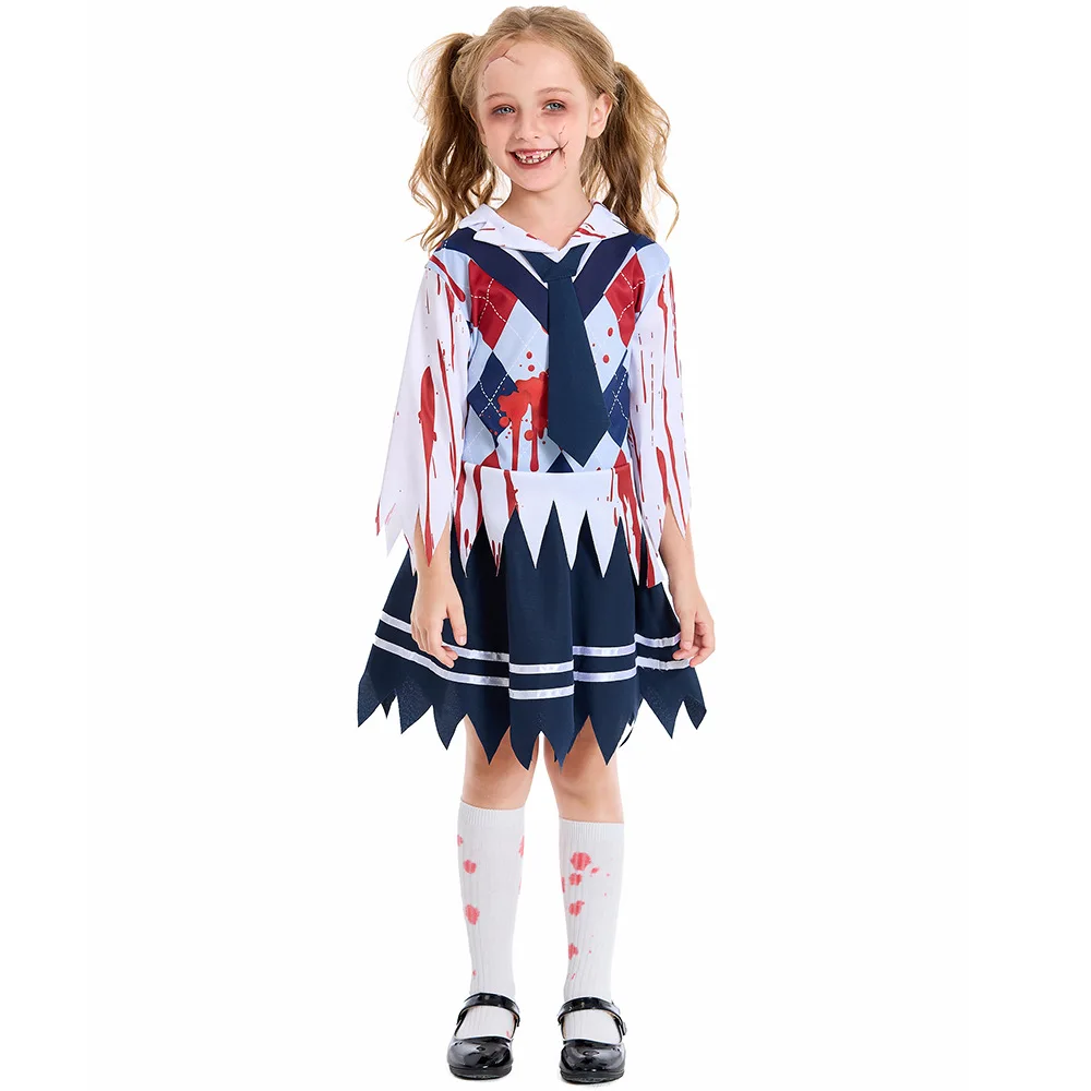 Bloodstained Student School Uniform Set for Women and Girls Halloween Cosplay Costume Scary Bloody Zombie Dress Vampire Costume