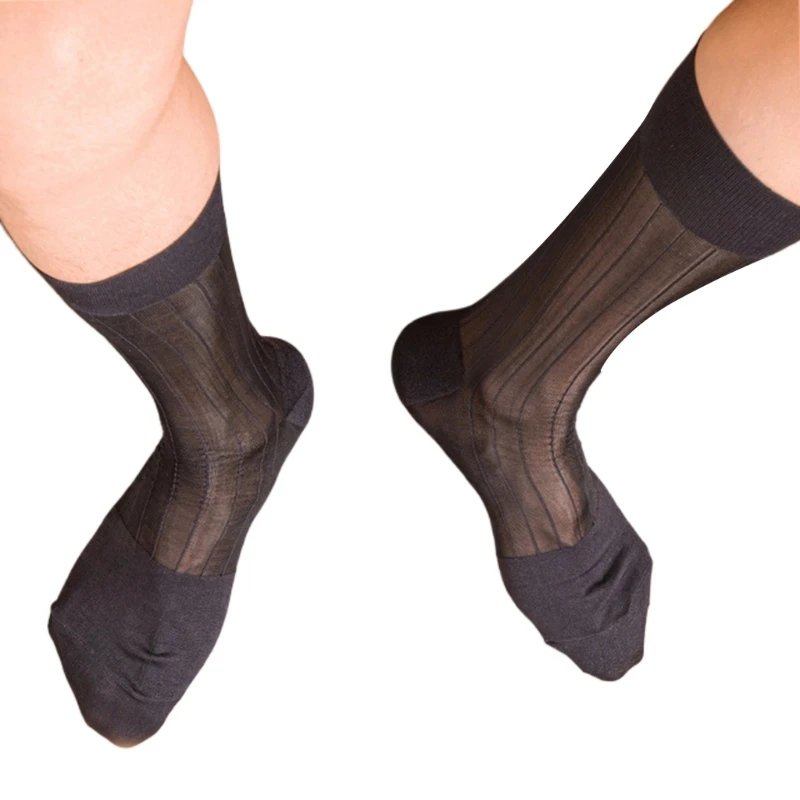 Mens Thin Dress Socks Silk Sheer Formal Business Socks Nylon Middle Calf Suit Socks See Through Ribs Striped Socks