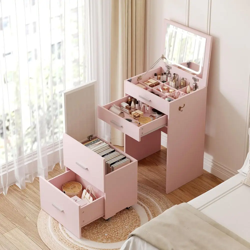 Compact Vanity with 3 Ders, 3 in 1 Vanity Desk, Makeup Desk with lip-up 3 ColLighting Mirror and Cushioned Stool, Small Vanities