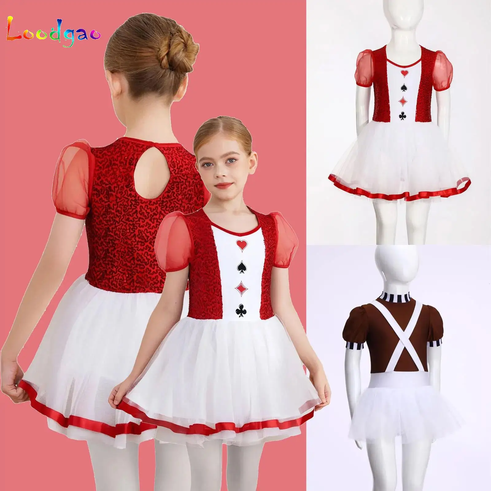 Girls Princess Tutu Dress Halloween Clown Clothes Shiny Sequins Kids Dress for Ballet Figure Skating Stage Performance Cosplay