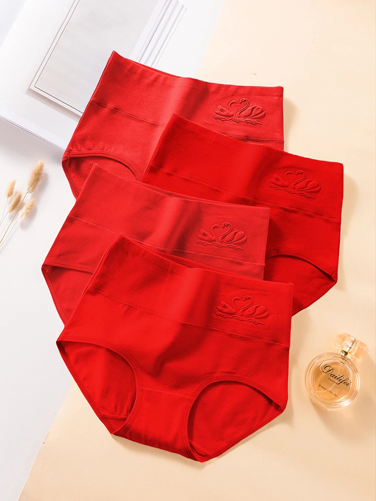 4Pcs Cotton Women PantiesGood Luck Red Underwear Breathable Underpants Plus Size Panty High Waist Body Slimming Female Briefs