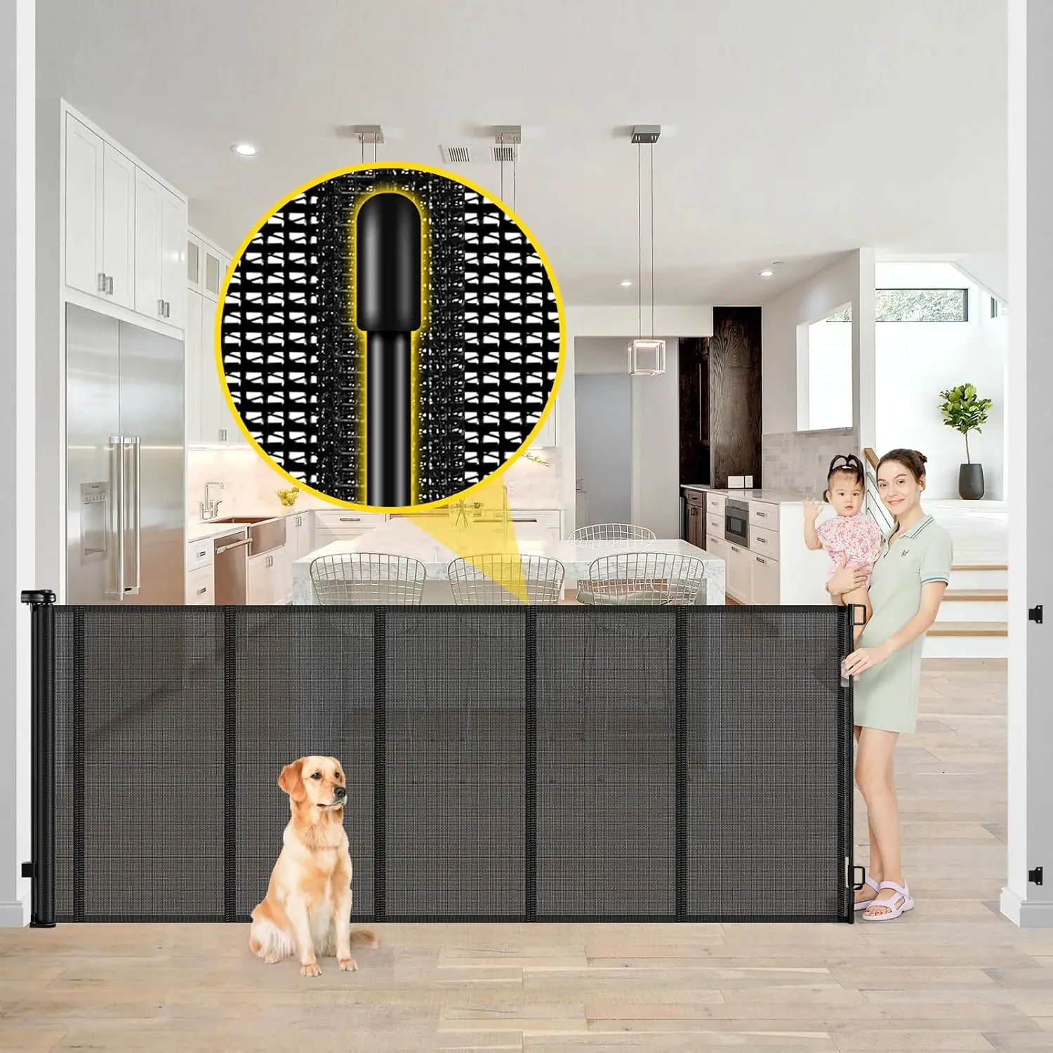 

42" Tall 80" Wide Retractable Baby & Pet Gate with Support Rods, Black - Indoor/Outdoor Safety Barrier