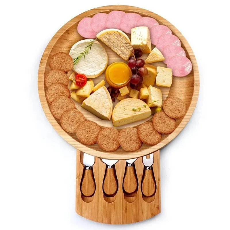 Portable Nan Bamboo Cutting Board Cheese Board Set with Steak and Pizza Tray, Baking Cake Knife and Fork