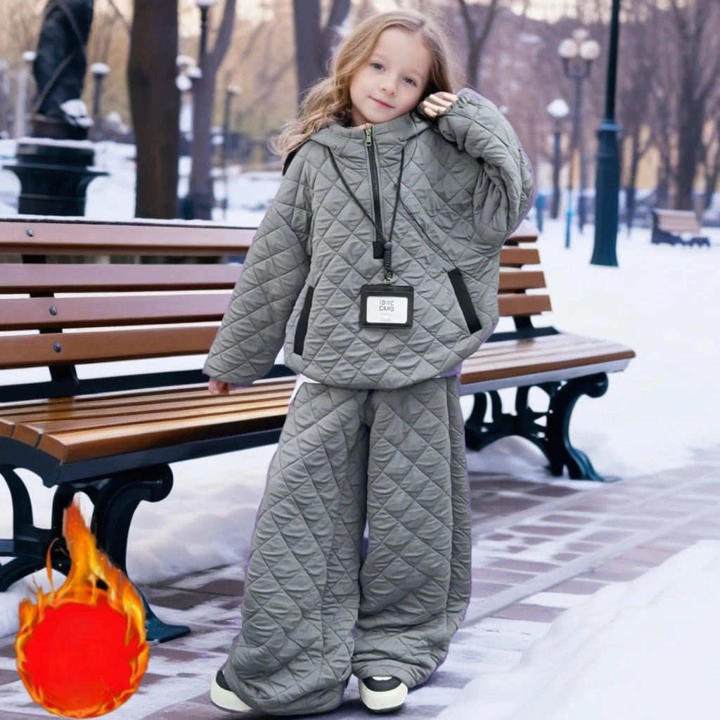 

2025 Girls Winter Sets Thicken Warm Cotton Padding Hooded Jacket Pants 2-Piece Outfit for Kids Tracksuit School Children Clothes
