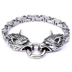 Metal Wolf Head Bracelet for Men Stainless Steel Byzantine Link Chain with Spring Ring Clasp Biker Punk Jewelry