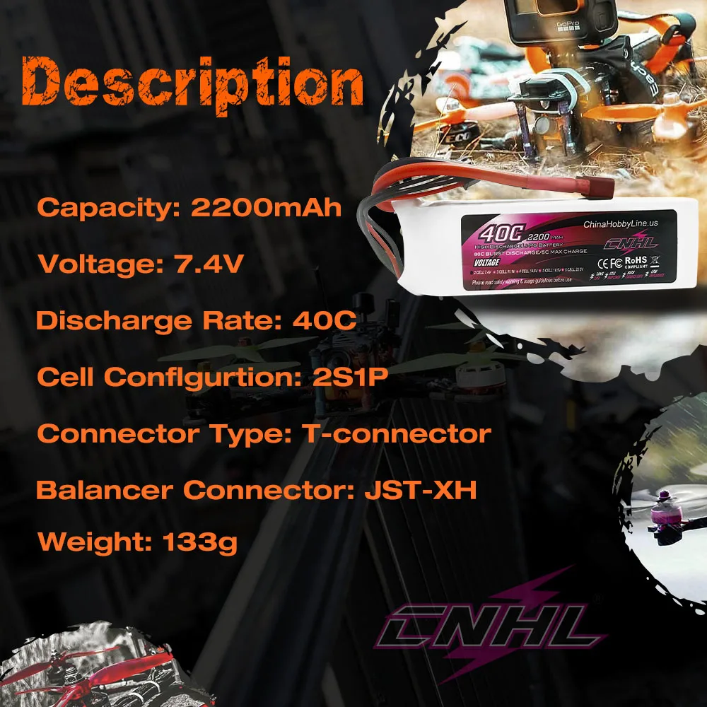 2szt CNHL 2S 7.4V Bateria Lipo 2200mAh 30C 40C 70C z wtyczką T Deans XT60 do FPV Quadcopter Drone Samolot Helikopter Samochód Hobby