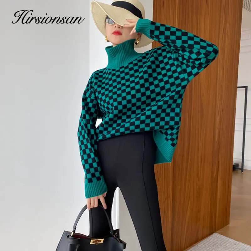 Hirsionsan Winter Vintage Turtle Neck Plaid Sweater Women Basic Loose Knitted Pullover Ladies Thick Warm Knitwear Female Clothes