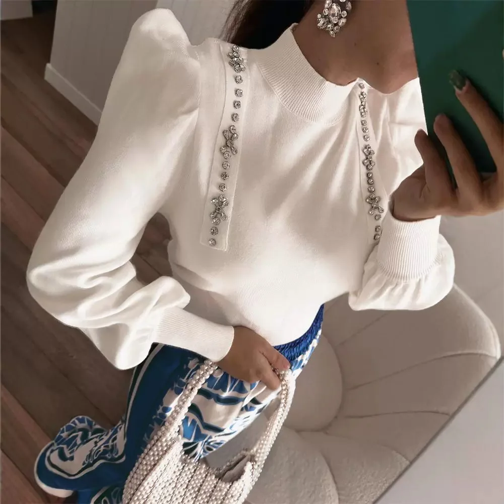 Mock Neck Knit Sweaters Gigot Sleeve Rhinestone Decor Pullover Tops Women Solid Color Tops