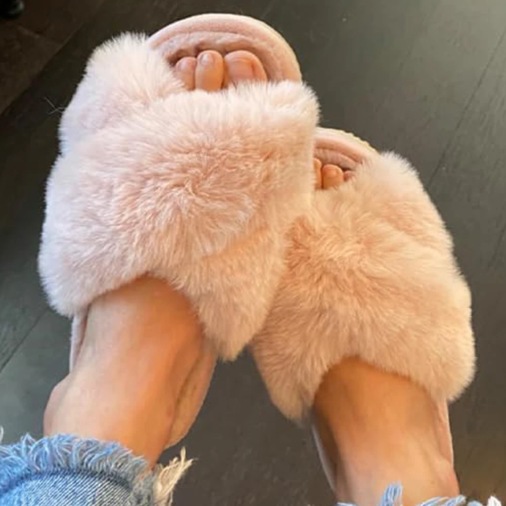 Comwarm Fashion Fur Thick Sole Slides Women\'s Cross Band Fuzzy Slippers Winter Fluffy Open Toe House Slippers Indoor Flat Shoes