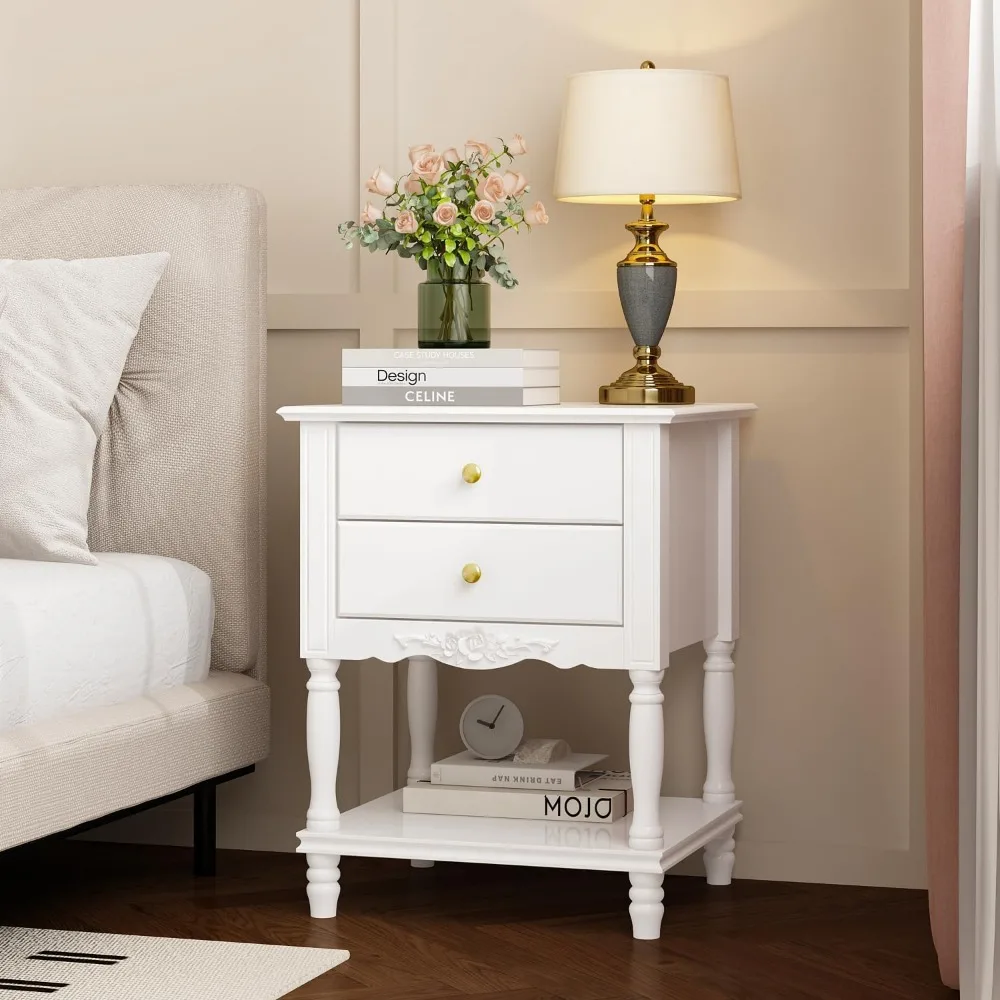

White Accent Nightstand with 2 Drawers, Bottom Shelf & Carve Pattern, Modern Wooden Night Stand Bedside Table, Versatil