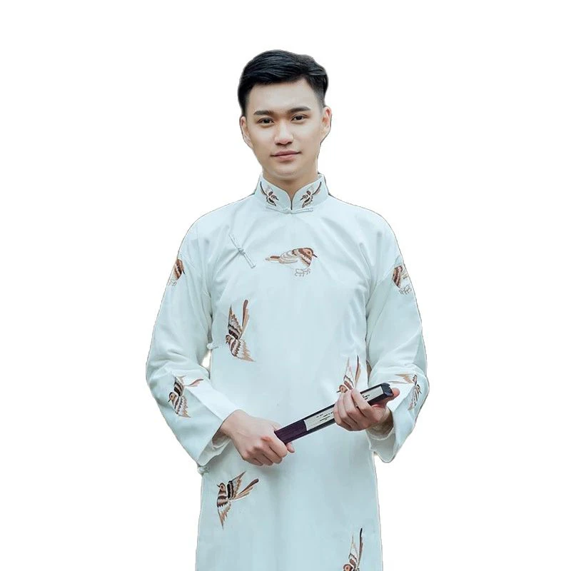 

Chinese Traditional Men's Long Robe Ancient Costume Tang Suit Male Cheongsam Stand Collar Cotton Linen Embroidered Gown