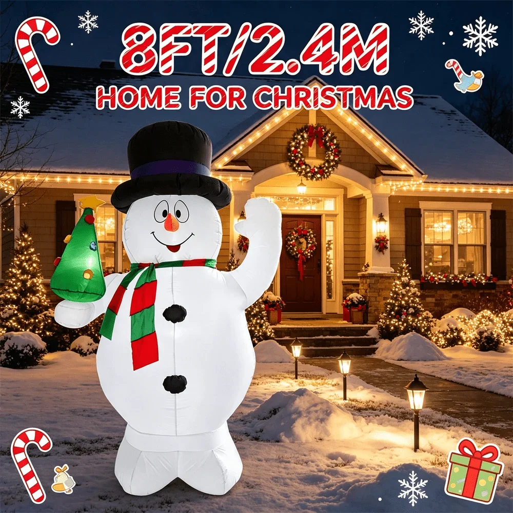 Winter Wonderland 8FT/2.4M Snowman Inflatable Model Toy Mini Lighted Xmas Tree Light Up Blow Up Courtyard Party Decor