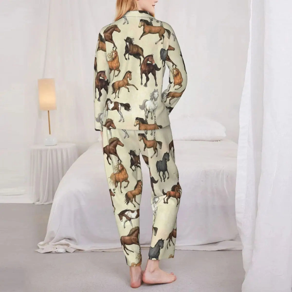 Pajamas Women Sunset Horse Leisure Sleepwear Horses Riding Funny 2 Pieces Vintage Pajamas Set Long Sleeve Oversized Home Suit