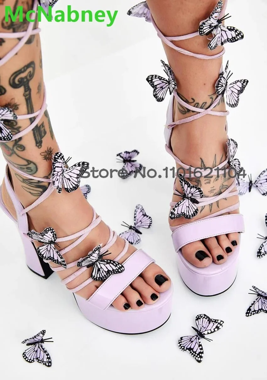 Purple Butterfly Ankle Lace-up Sandals For Female 2024 Women Platform Square Heel Sexy Shallow Summer Fashion Round Toe Shoes