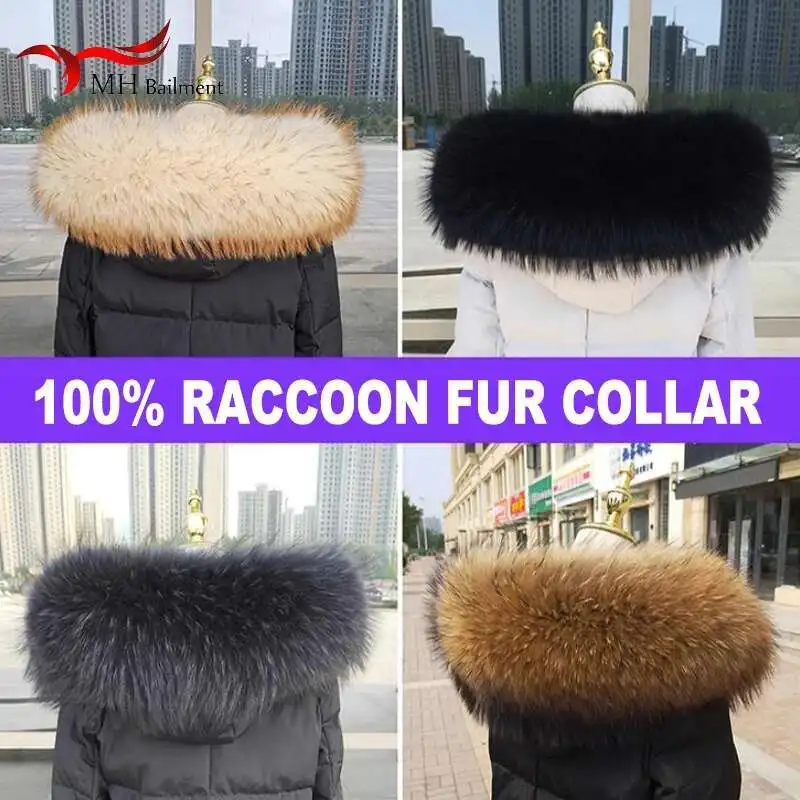 

Women Winter 100% Real Raccoon Fur Collar Neck Warm Furry Fur Scarves Female Luxury Long Coat Hood Straight Collar Large Shawls