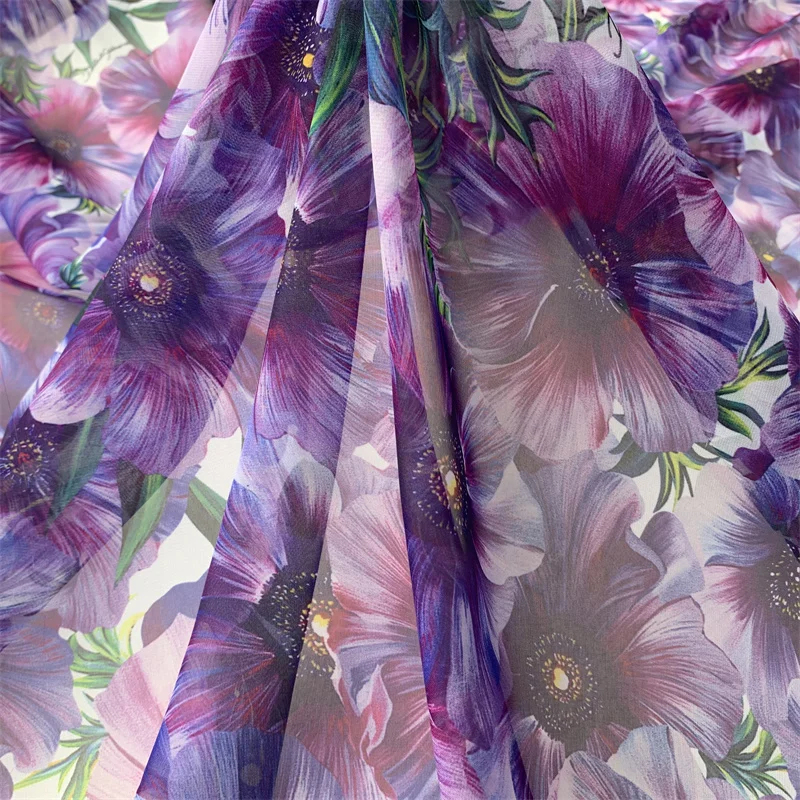 Premium Polyester Chiffon Purple Floral Pattern Printed Brand Fashion Fabric For Shirt Dress DIY Handmade Designer Material