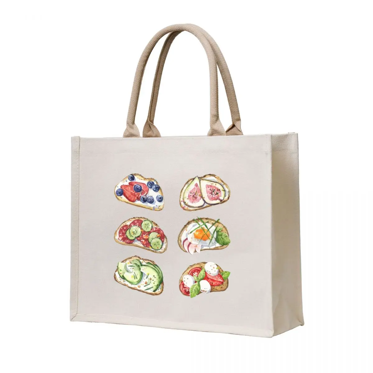 Surtido de pan tostado con coberturas: huevo escalfado, higos, salami de aguacate, frutas silvestres, tomates y fresas Tote Bag