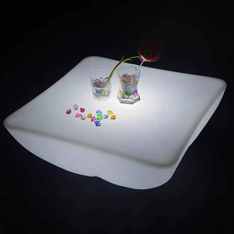 REAQ LED Lighted Square Bar Table  60*60*25cm For Home Patio Atmosphere Rechargeable Furniture Connect To SS Table Leg Riq-T60