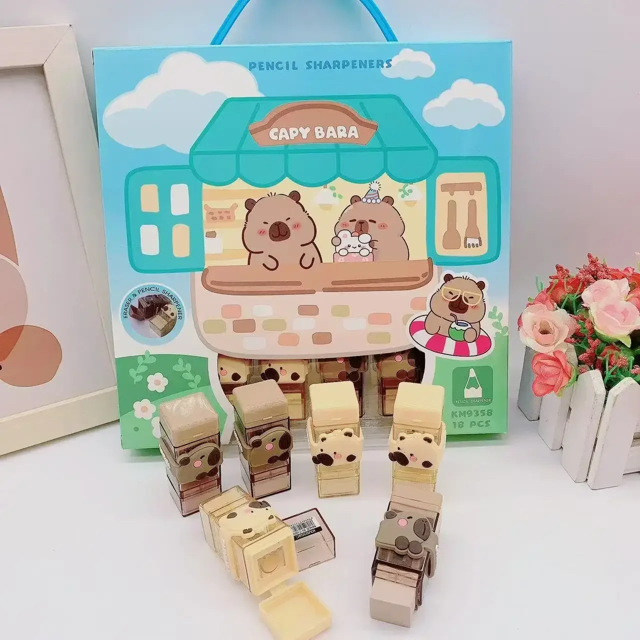 18個入りクリエイティブカピバラ2in1鉛筆削り（消しゴム付き）かわいいゴム消しゴム-学生・オフィス文具用品