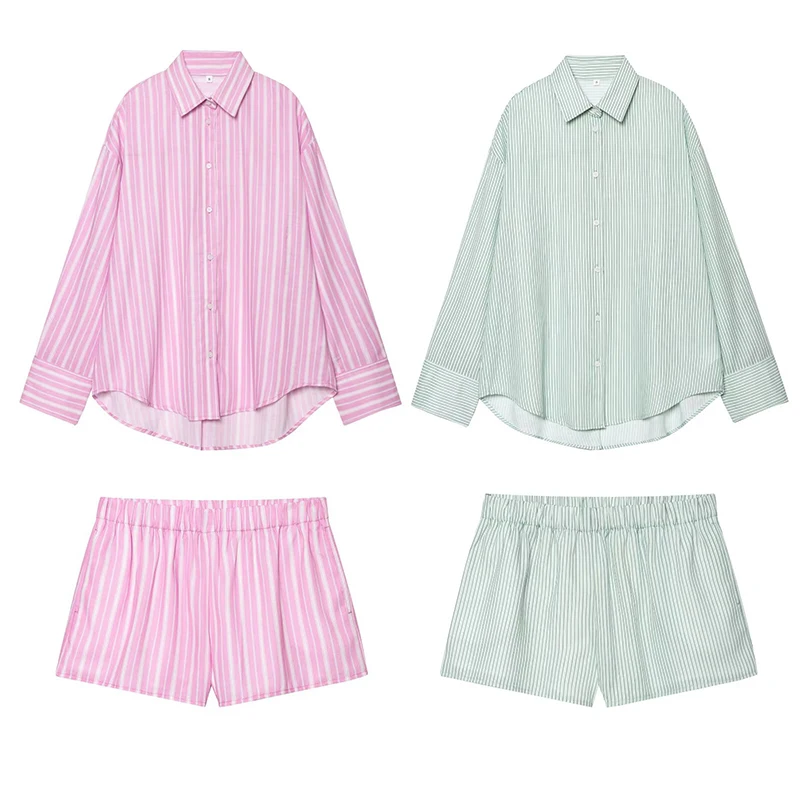 

RAFZNB Mid Waist Shorts Sets for Women Fashion Striped Loose Long Sleeve Casual Shirts Women Suit Two Piece Set Womens Outfits