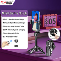 MINI Retractable Selfie Stick 16in Wireless Remote Control Live Video Phone Bracket Tripod Grip Quadripo Table Desk Hand Travel