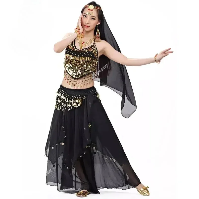 

4-Piece Indian Belly Dance Costume Set for Women with Veil Top Coins Hip Scarf And Skirt Traditional Ethnic Dancewear