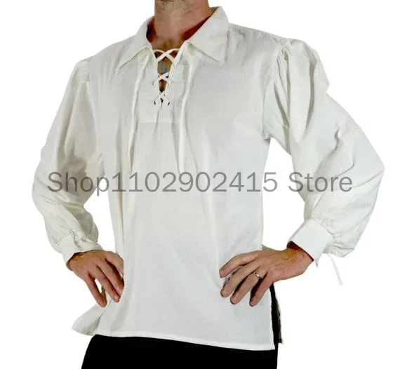 Men Medieval Renaissance Adult Men Grooms Pirate Tunic Top Larp Costume Lace Up Shirt Middle Age Viking Cosplay Top S-2XL