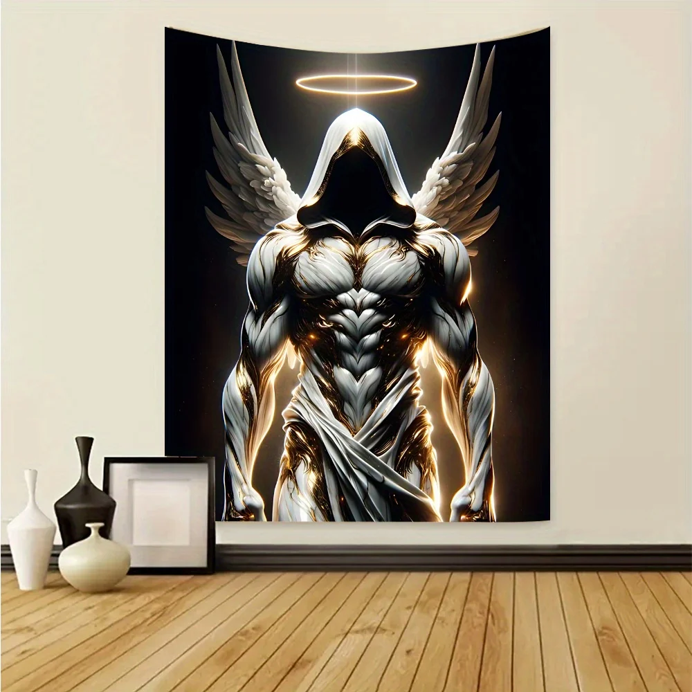 Divine Guardian Angel Warrior Polyester Tapestry Wall Hanging Stitched Edges Washable Fiber Art Decor With Free Installation Kit