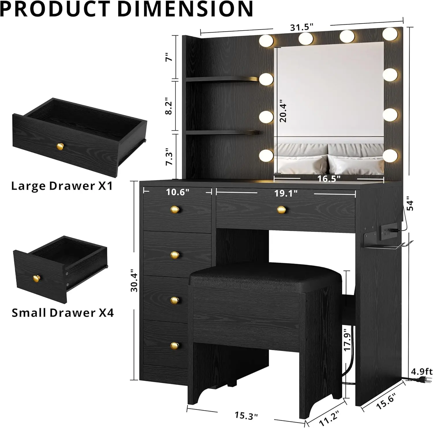 مكتب زينة من IRONCK مع مرآة وأضواء، طاولة زينة صغيرة للمكياج مع 5 أدراج، طاولة تزيين لغرفة نوم الفتيات والنساء