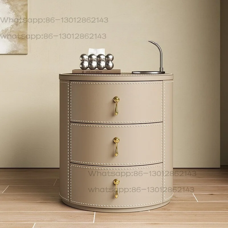 Italian minimalist saddle leather round bedside table solid wood modern simple bedroom premium bedside table