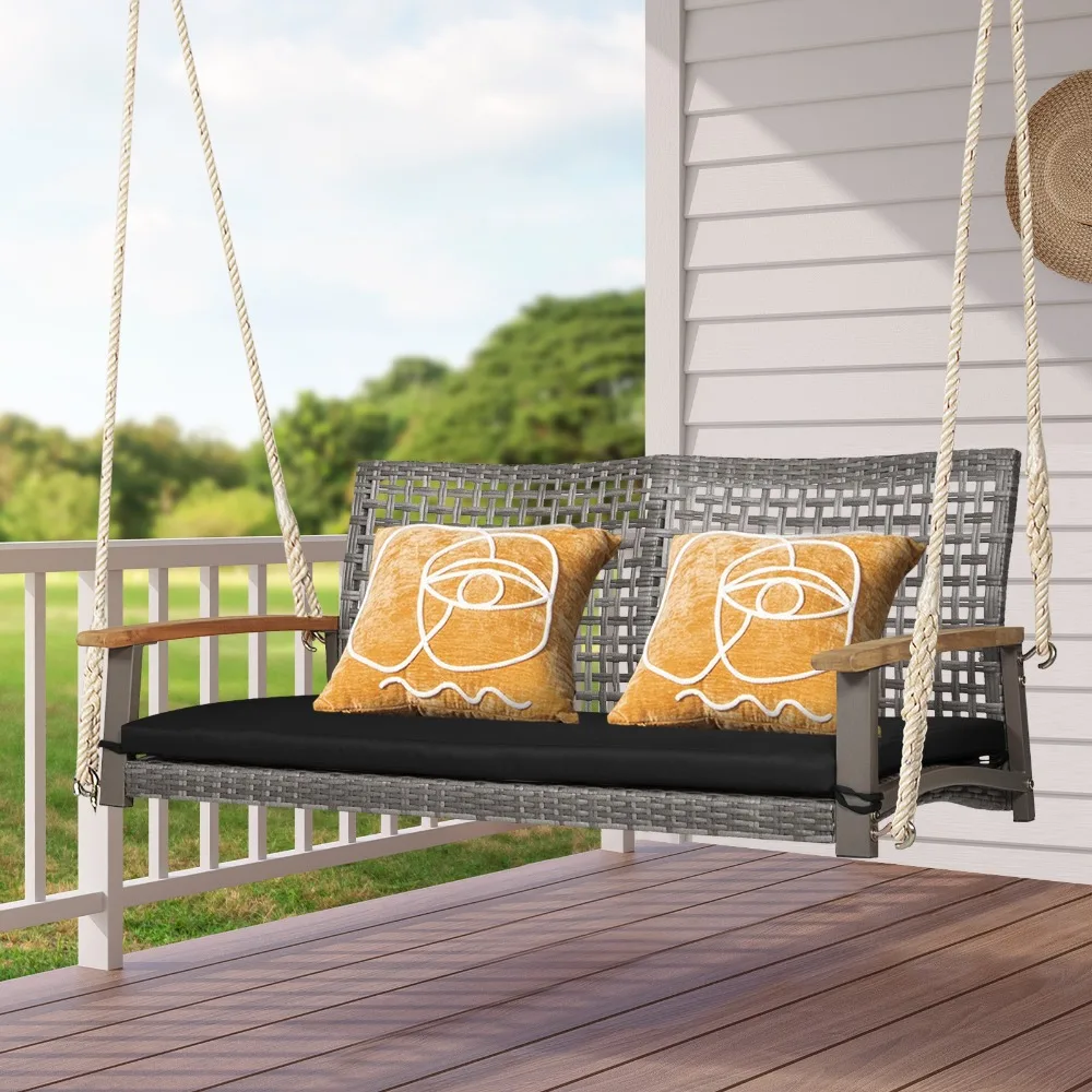 

2-Person Patio Wicker Hanging Swing Chair Loveseat Cushion Porch Black
