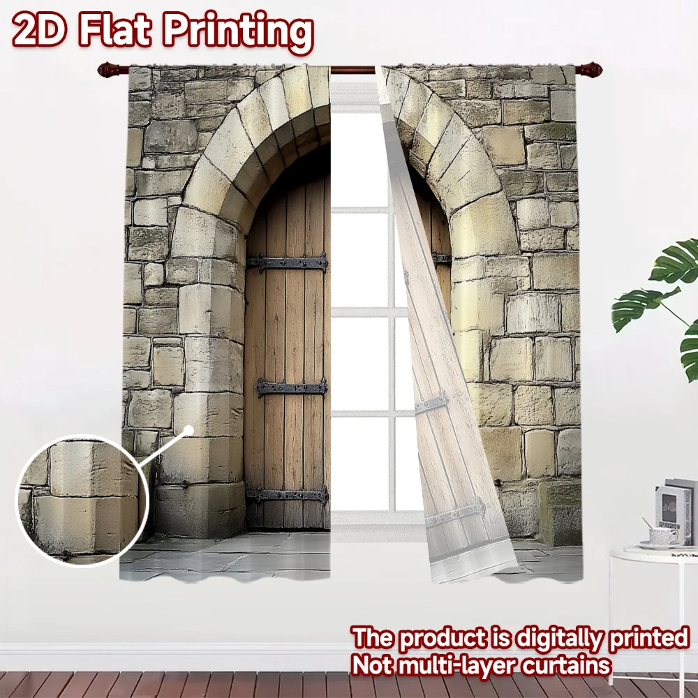 2D flat 2pcs Curtain Retro Country Style Stone Arch Wooden Door (2) Durable polyester fiber Party Decorations for Living Room