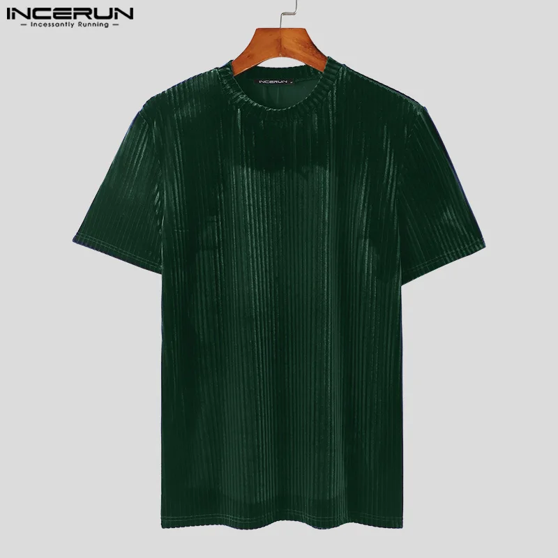 INCERUN Men T Shirt Velour Solid Color O-neck Short Sleeve Streetwear Tee Tops Summer 2024 Korean Style Fashion Men Clothing