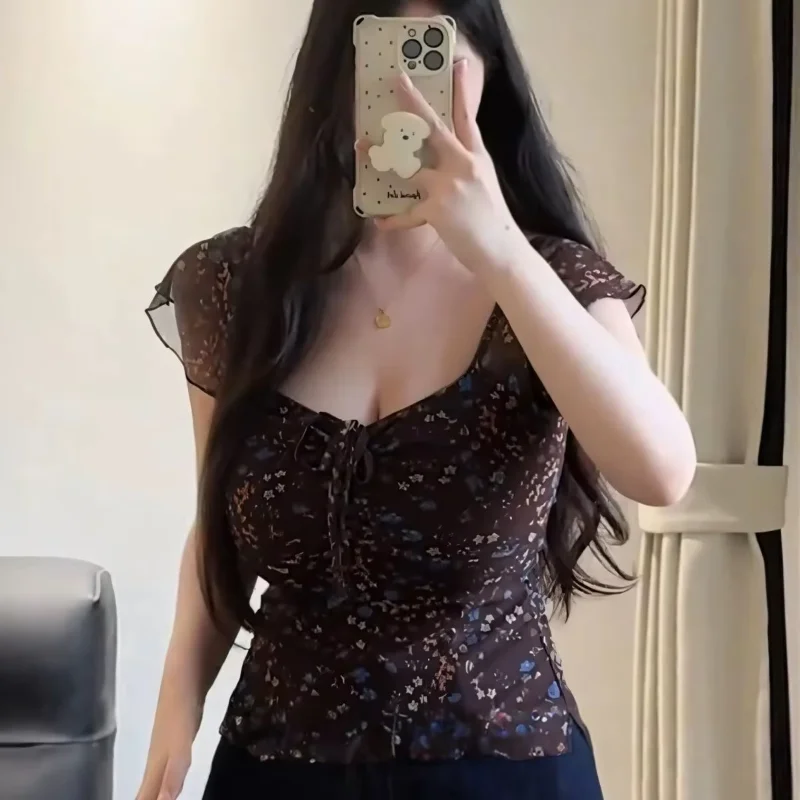 

2026 Camisas De Mujer Summer Blouses Women Clothing Short Sleeve Slim Fit Vintage Shirts Floral Tops Chic Sweet Oversized Blouse