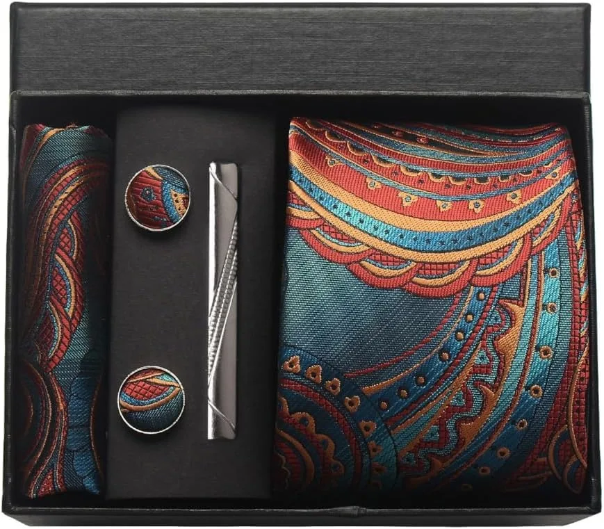100 % Seidenkrawatte, Paisley-Blumenmuster, Herrenkrawatte, hochwertige Business-Krawatte, Einstecktuch, Krawattenklammer, Manschettenknöpfe-Set, klassisch, für Männer, Geschenkbox