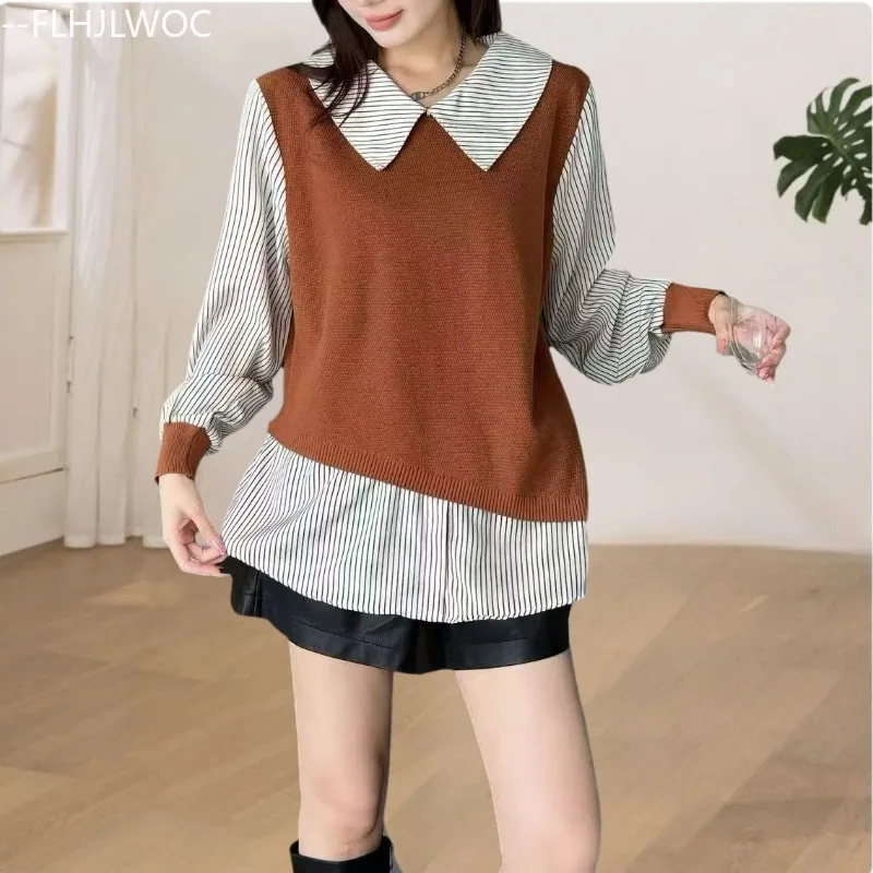 

Knitted Patchwork Striped Tops Blouses French Fashion Women 2025 Autumn Preppy Style Girls Retro Vintage Fake Two Piece Shirts