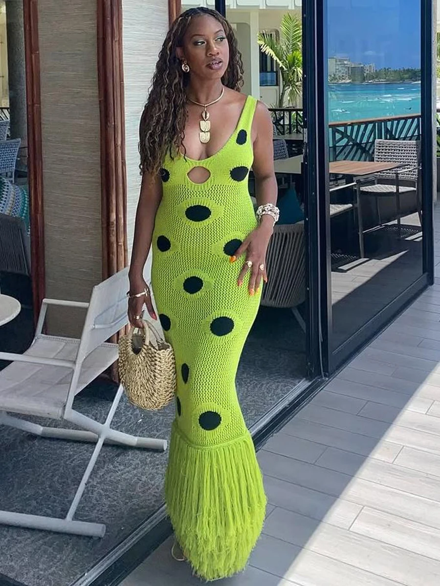 

Weird Puss Hollow out Knitted Strap Dr Slimming Fi Tail Long Dr for Young Women Summer Season Outdoor Wear Polyester ...