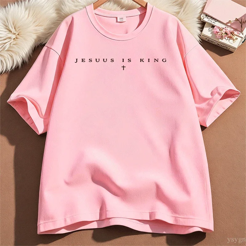 Jesus Is King T Shirt Women Minimalist Christian T-Shirt Religious Mom Jesus Short Sleeve Tshirts Summer Cotton Short Sleeve