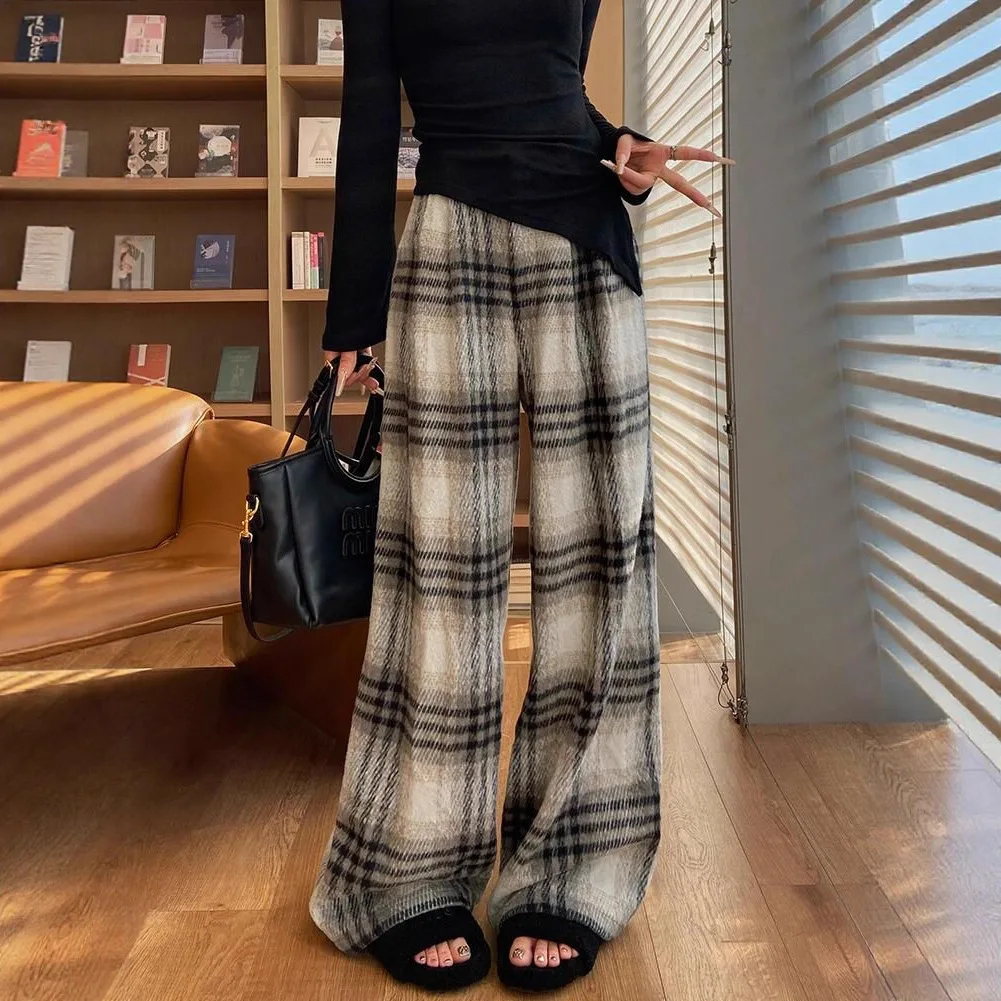Korean Style Woolen Plaid For Women, Autumn And Winter Thickened 2026 New Straight Casual High Waist Loose Lazy Floor-Length