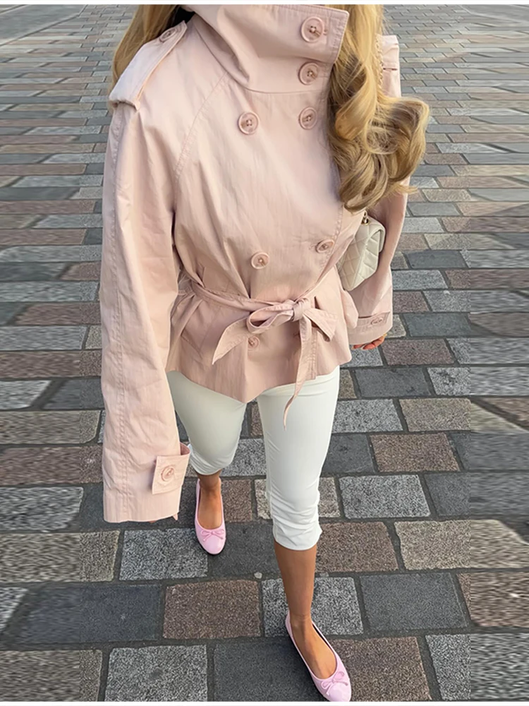 Schicker Minimalistischer Kurzer Trenchcoat Rosa Retro Klassisch Vielseitig Trendy Damen Oberbekleidung Frühling Herbst Lässiges Street-Outfit – Detail 2