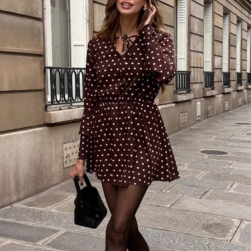 

Женское ретро-платье в горошек с длинными рукавами, V-образным вырезом и завязками на талии, мини-платье, элегантный повседневный наряд для весны и осени