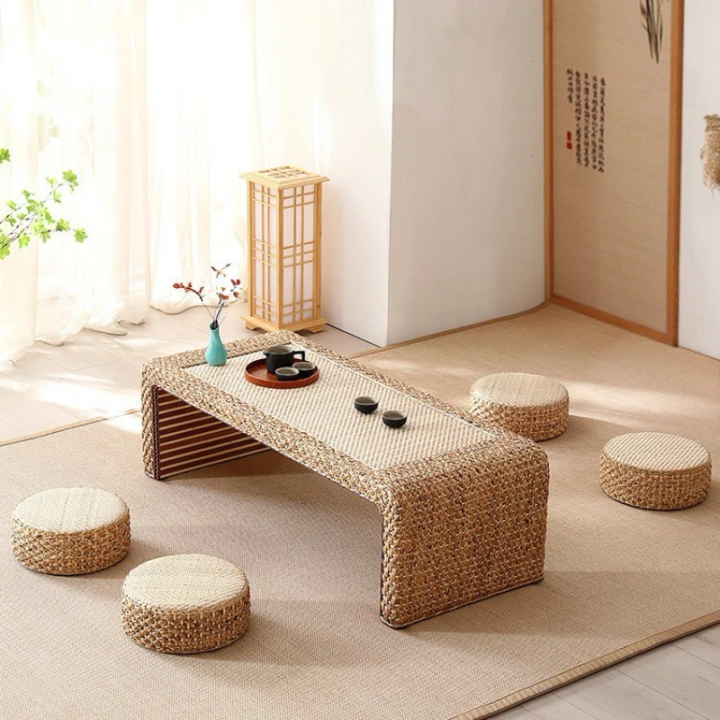 사이드테이블Tatami Tea Table Zen Style Low Table Rattan Woven Japanese Yantai Bay Window Household Primary Colours Wooden Small Table